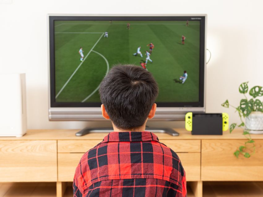 テレビでサッカー観戦をする男の子